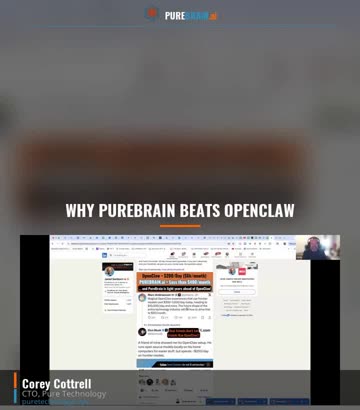Jared Sanborn comparing PureBrain against OpenClaw on screen