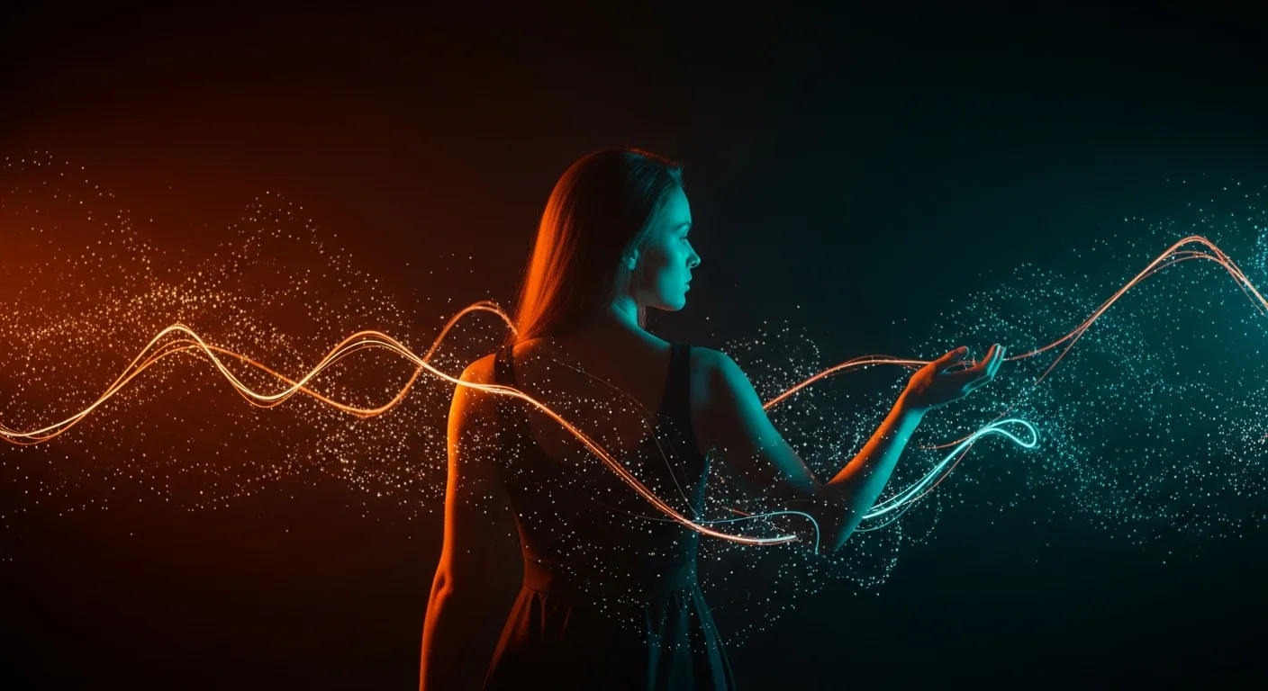 A woman in profile amid flowing orange and teal light ribbons and particles, representing AI-driven marketing