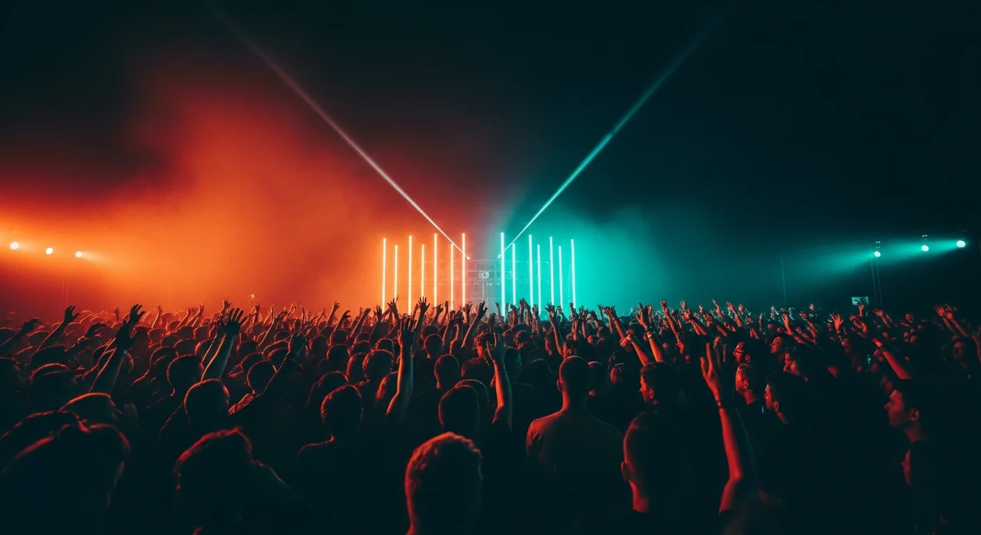 A packed live brand activation, hands raised in a crowd, split by orange and teal light